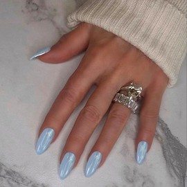 YOSOMMK Sky Blue Fake Nails Medium Press on Nails Almond Glossy Acrylic Glue on Nails Full Cover Artificial False Nails for Women and Girls