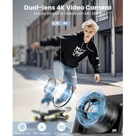 Aasonida 4K Digital Camera, 64MP Dual-Lens Vlogging Camera for Photography and Video 30FPS, Autofocus Anti-Shake, Selfie YouTube Camera, Digital Camera with Flash Dial 16X Zoom Charging Stand