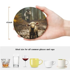 ubcindy Jesus Christian Art Coasters for Drinks Set of 6,Round Absorbent Ceramic Stone Coaster with Metal Holder Stand,Jesus Running After Lost Lamb Coasters with Cork Base for Kitchen,Party,Gifts