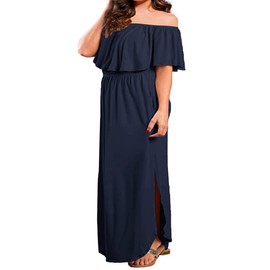 GXLU Women's Plus Size Summer Maxi Dress Off Shoulder Ruffle Short Sleeve Slit Party Dresses with Pockets Dark Blue 4X