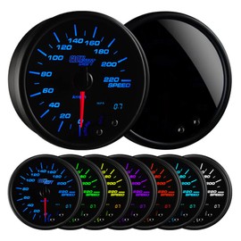 GlowShift Tinted 7 Color 220 Kilometer KM Speedometer Gauge Kit - Mounts in Custom Dashboard - Resettable Trip Meter - Black Dial - Smoked Lens - 3-3/4" 95mm