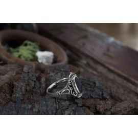 Windalf Alisa Women's Ring 14 mm Silver Ring Black Onyx Stone Festival 925 Sterling Silver, Fabric jewellery bag, Onyx