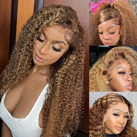 V SHOW Highlight Ombre 13x6 Lace Front Wigs Human Hair Pre Plucked 13x6 Kinky Curly 4/27 Honey Blonde lace frontal Wigs with Baby Hair 180% Density Colored Curly Lace Front wig Human Hair 24 Inch