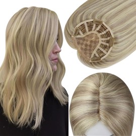 Full Shine Real Human Hair Topper 14 Inch Ash Blonde Highlights Platinum Blonde 5x5 Inch Hair Topper For Women