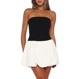 MYBFYABO Women Y2k Puff Bubble Dress 2024 Summer Strapless Mini Dress Casual Patchwork Bandeau Tube Corset Party Sundress (Black White#1, S)