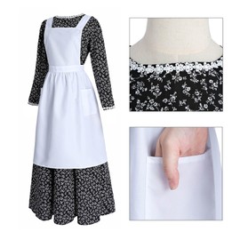 ROLECOS Pioneer Dress Women Black Floral Prairie Dresses Old Fashioned Amish Colonial Pilgrim Costume 3 Piece Set XXL