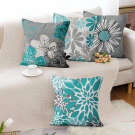 Hnmdmyi Teal Cushion Covers 40 x 40 cm Set of 4, Teal and Grey Floral Decorative Throw Pillow Covers Modern Daisy Farmhouse Boho Linen Pillowcases for Sofa Couch Bed Garden Outdoor Home Decor