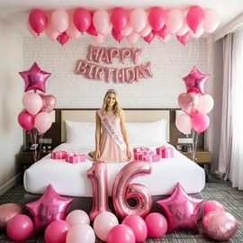 Sweet 16 Birthday Party Decorations for Girls, Sweet 16 Sash and Tiara happybirthday letter 16 Number Balloons balloons Hot pink and pink balloons Star heart balloons16th Birthday Gifts for Girls