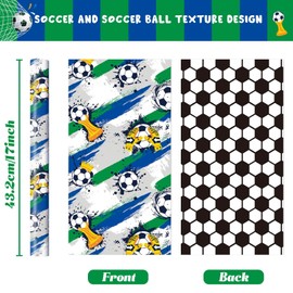 WERNNSAI Football Gift Wrapping Paper Roll - 1 Roll 17” x 33 ft Soccer Ball Wrapping Paper Sports Birthday Wrapping Paper for Boy Theme Party Decor Favor, White Reversible Soccer Grid Design