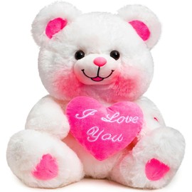 BEJOY Teddy Bear with Pink Heart Plush Bear That Says I Love You and Blushes LED Stuffed Toys for Girlfriend and Kids Valentine's Day 13 inch White