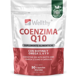 Wellthy Coenzima Q10 100 Cápsulas. Co Q1030mg. Reforzado con Biotina, Omega 3, 6 y 9. 100 Porciones por Envase, Softgel, Bottle Fre
