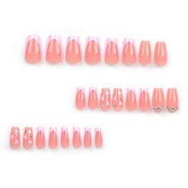 French Tip Press on Nails Medium Square Fake Nails with Designs Rhinestones and Love Stick on Nails Valentines Day Reusable Acrylic Artificial Nails Glue on Nails Art for Women&Girl 24Pcs