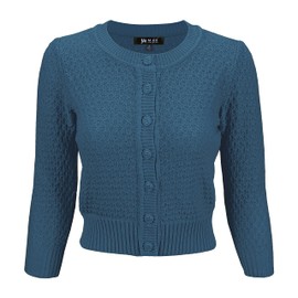 YEMAK Cárdigan corto para mujer, manga 3/4, cuello redondo, básico, casual, con botones, suave, tela de ganchillo (S-3XL), Mk3514-verde azulado Azul, 1 X