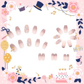 Bellelfin Coffin Press on Nails Short Fake Nails with Cubic Relief Butterfly Designs, Glitter Rhinestone False Nails Full Cover Acrylic Glue on Nails for Women Girls, 24Pcs