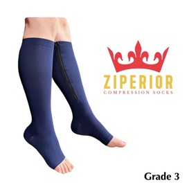 Ziperior Open Toe Inside Leg Calf Zipper 30-40 mmHg Grade 3 Compression Socks (Navy, Small-Medium)