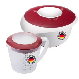 Westmark Helena Mixing Bowl (2.5L) and Mixing Cup (1.4L) - Mixing Bowl with Splash Guard Rim and Rubber Ring - Cup with Spout and Measuring Scale - White/Red