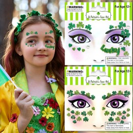 Totelux St Patricks Day Face Stickers Glitter Shamrock Face Tattoos with Gems Green Lucky Clover Eye Body Fake Temporary Tattoo for Adult kids Makeup Irish Festive Decoration Parade Party Supplies