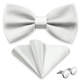 AUSUAYA Men's Bow Tie with Pocket Square and Cufflinks, Boys Bow Tie with Pocket Square For Commercial Activities M-B-1T, White