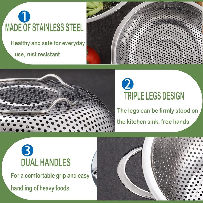 Set of 3 Stainless Steel Colander, 1/3/5Quart, Metal Sink Colander