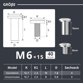 Pack of 40 M6 x 15 mm Connection Screws, Sleeve Screws, Stainless Steel A2 V2A, Furniture Screws, Cabinet Connector with Hex Key for Cabinets, Cabinets, Wood Bread