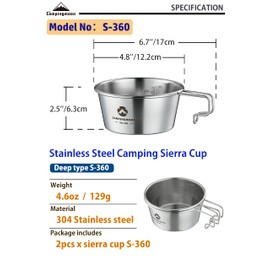 CAMPINGMOON 2pcs Set Stainless Steel Deep Type Camping Sierra Cup 450ml S-360 (2pcs Set)