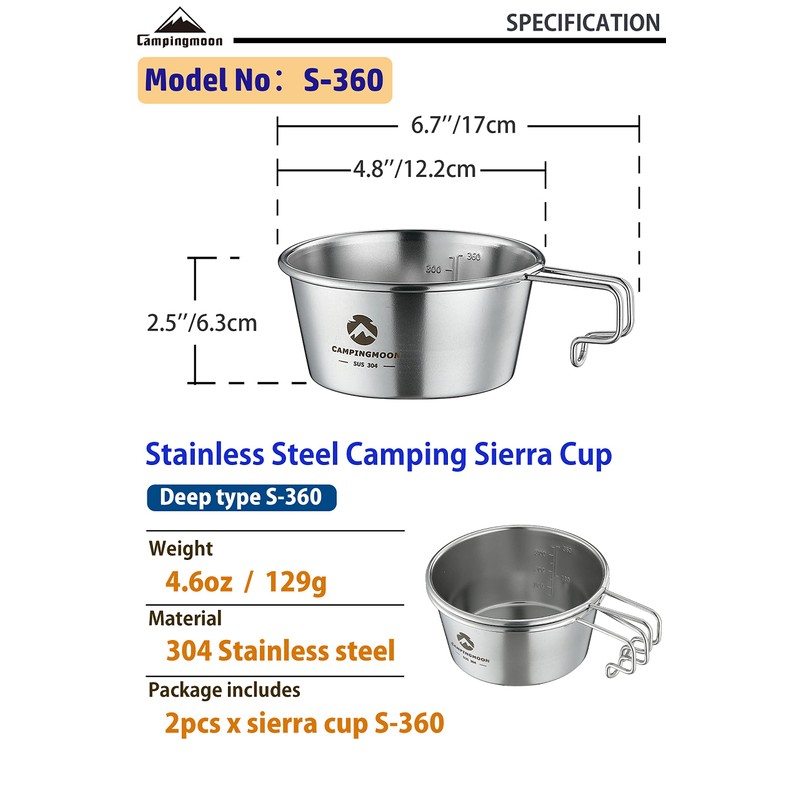 CAMPINGMOON 2pcs Set Stainless Steel Deep Type Camping Sierra Cup
