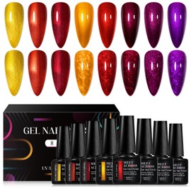 MEET ACROSS Metallic Gel Nail Polish, Red Purple Glitter Thread Shell Nail Gel, Semi-Permanent Gel Polish Kit, Soak Off Nail Lamp UV LED Cured for Nail Art Design