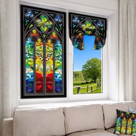 DDCBNS Door Curtains for Door Windows,Vintage Style Medieval Stained Glass Printed Curtains for French Glass Door,Farmhouse Colorful Small Window Tie Up Door Curtains 26 x 40 inch