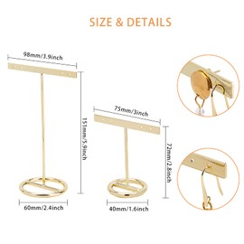 FINGERINSPIRE Gold Metal 2Pcs T Bar Earring Display Stand 4 Holes Jewelry Holders Hanging Jewelry Organizer for Jewelry Online Store Retail Photography Props【Gold- Round Base 2 Heights 151mm & 72mm】