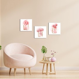 Pink Floral Wall Art - Fashion Roses Carnations Hyacinth Flowers In Perfume Bottle Paintings Canvas Wall Art For Bathroom Framed Womens Girls Dressing Room Wall Decor12 X12 X3 (Pink)