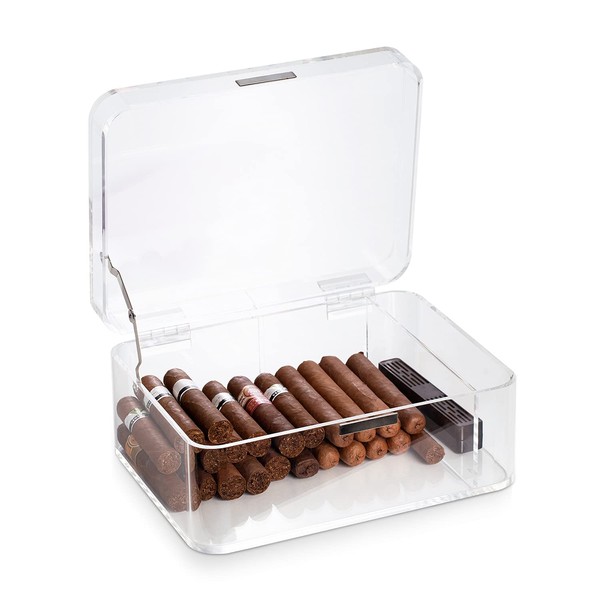 Acrylic Cigar Humidor Cigar Storage Box, Air Tight Cigar Container, Humidifier, Compartment for Humidity Pack Stores 50-75 Cigars (White)