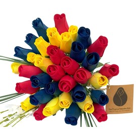 The Original Wooden Rose Happy Birthday Red, Blue, and Yellow Wooden Rose Flower Bouquet Closed Bud (3 Dozen)