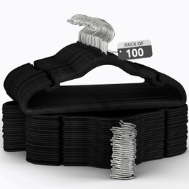 Our Modern Space 100 Pack Velvet Hanger for Shirt Pants Dresses Skirts Suits Jackets - Slim Space Saving Design - Standard Coat Hanger - Sturdy & Durable Design with Shoulder Grooves Hook - Black