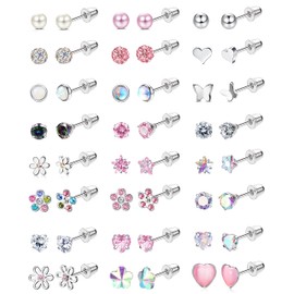 Kakonia 24 Pairs Hypoallergenic Screw Back Earrings For Women Girls Surgical Steel Cute CZ Heart Flower Pearl Ball 4mm Tiny Flat Back Screwback Stud Earring Set