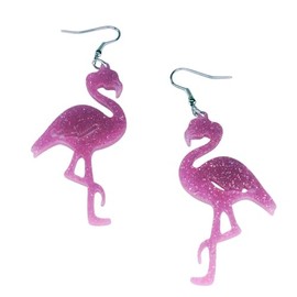 Cute Pink Acrylic Flamingo Earrings for Women,Bohemian Style Flamingos Drop Dangle Earrings,Hawaiian Accessories Trendy Holiday Ear Ornaments for Women,Boho Tropical Bird Vacation Style Jewelry (Glitter Hollow Pink)