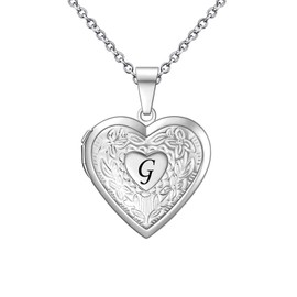 KunBead Heart Picture Locket Pendant Necklace Letter G Initial Photo Locket Necklaces for Picture