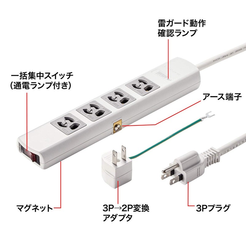 Sanwa Supply TAP-SP34MG-3 Thunder Guard Tap, 3P, 4 Socks, 9.8