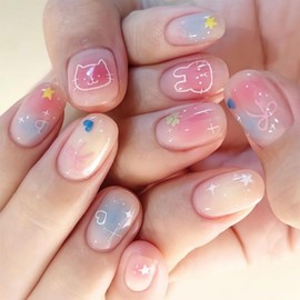 Virellay 24 Stück Anpressnägel, kurze quadratische Kunstnägel mit Design, wiederverwendbare Kunstnägel mit Kleber, Nägel in Salonqualität (Cute Cat)