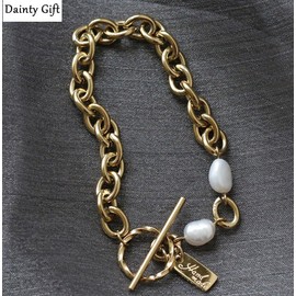 DAINTY Women Girl Titanium Stainless Steel Baroque Pearl Gold Chain Bracelet 6.5"