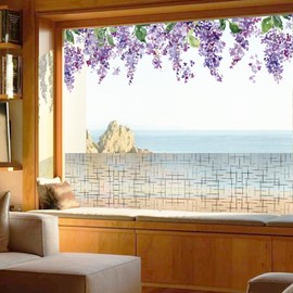 Flortlias Transparent Leaf Window Sticker and Rainbow Window Privacy Film, Removable Watercolor Static Cling Double-Sided Decal Clings for Glass Windows Door Decor, Purple Wisteria