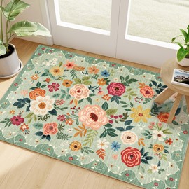 DUKINO 2x3 Rugs for Entryway, Floral Indoor Washable Door Mat, Non Slip Boho Small Rug for Kitchen, Soft Low Pile Throw Rug, Front Door Rug for Entrance, Bedroom, Kitchen, Laundry, Bathroom, Green