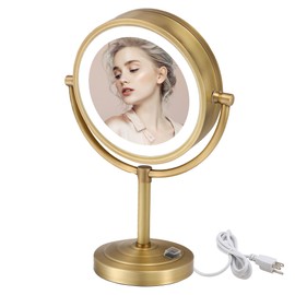 Cavoli 8.5 inch LED Makeup Mirror with 10X Magnification,has Three Colors Lights,Extendable Bathroom Mirror,Tabletop Two-Sided, Antique Brass Finish (Antique Brass, 10x Magnification)