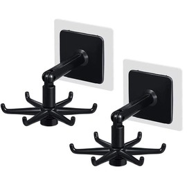 Fengirl Kitchen Utensil Hanger with 6 Hooks, Under Cabinet Utensil Holder Hanger Hook for Kitchen and Bathroom, 360° Rotatable Space Saving No Drilling Nail Free Organizer Hook, 2 Pack (Black)
