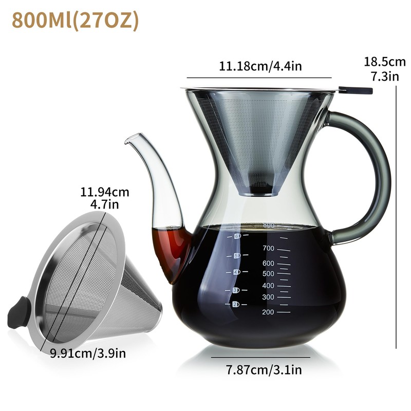 MESNEY Handfilter Kaffeekanne 800ml – Glas Kaffeebereiter mit Edelstahlfilter, Wiederverwendbarer