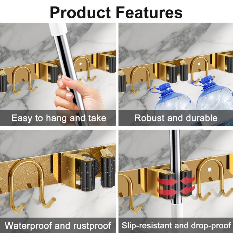 GUUKAR Mop Broom Holder Wall Mount, 2 Packs Gold Stainless