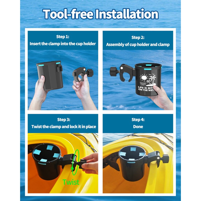Seaperk Clamp On Kayak Cup Holder, Adjustable & Tool -