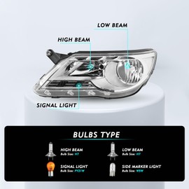 TUSDAR Headlight Assembly Compatible with 2009 2010 2011 Volkswagen VW Tiguan Halogen Headlights Driver Side Headlamps Replacement (Halogen, w/o HID)