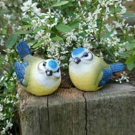 Set of 2 Blue Polyresin Tit Bird Statues Indoor Garden Animal Bird Decor Gift Ornament