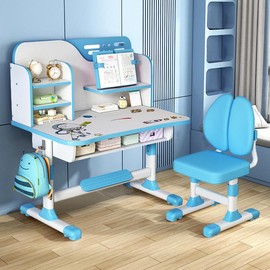 Student Learning Desk and Chair Set Blue Desk Set Height Adjustable with Drawers and Storage Compartments Desktop Cartoon Learning Desks and Chairs