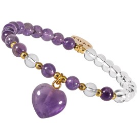 Nupuyai Energy Crystal Stone Beads Bracelet with Carved “Love Charm for Women Double Color Round Beads Stretch Bracelet with Heart Charm, Amethyst Crystal